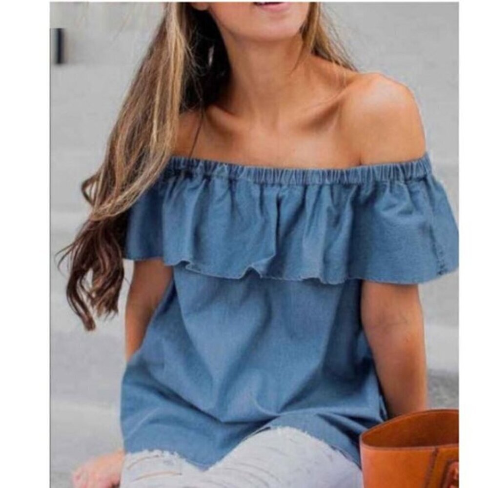 Chelsea Chambray Off-Shoulder Ruffle Top Light Blue Boho Summer Blouse